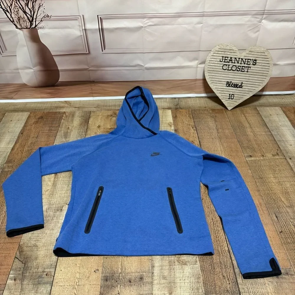 WOMEN'S NIKE TECH FLEECE RUNNING PULLOVER BLUE FUNNEL HOODIE SIZE L
